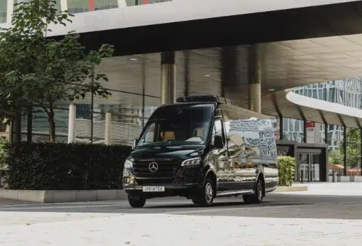 A black VIP van form Mercedes Benz to hire with a chauffeur.