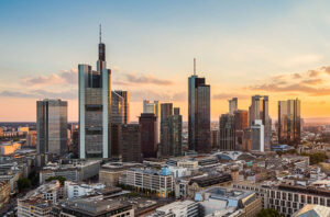 Skyline of the city of Frankfurt, to which many business people travel for a roadshow.
