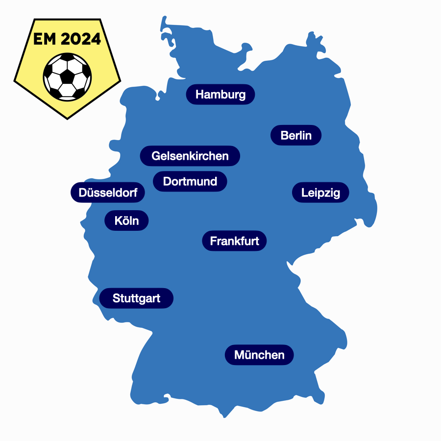 map of germany with the venues of the european football championship 2024