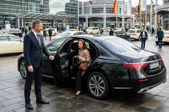 Ein Chauffeur des German Limousines Messe Shuttle öffnet einer eleganten Frau die Fondtür einer schwarzen Limousine vor der Messe Frankfurt.