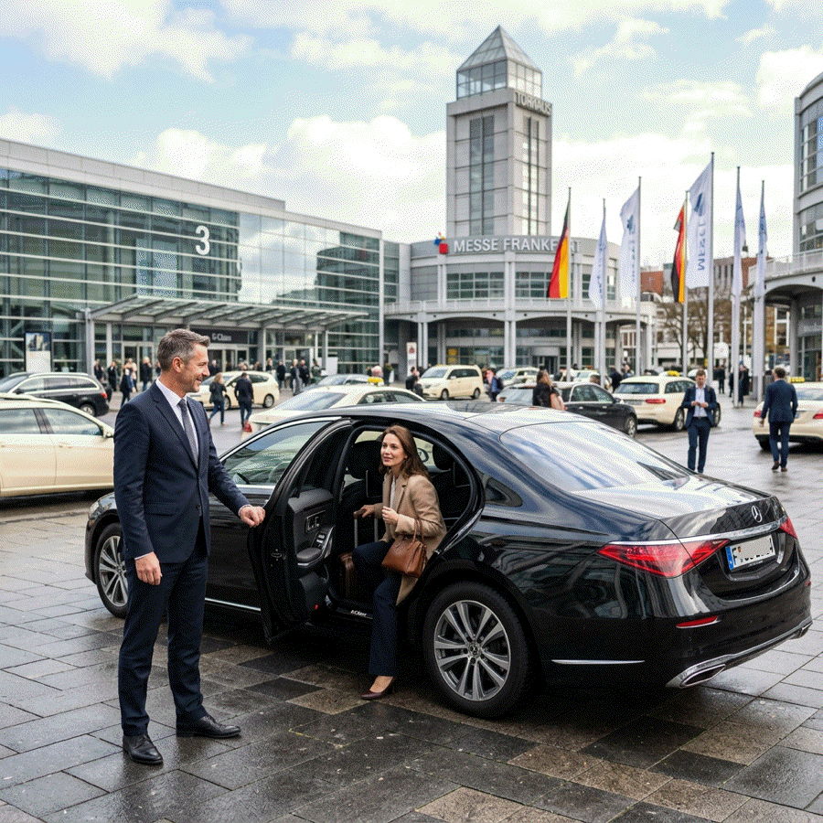 A driver for the German Limousines Messe Shuttle opens the rear door of a black limousine for an elegant woman in front of Messe Frankfurt.